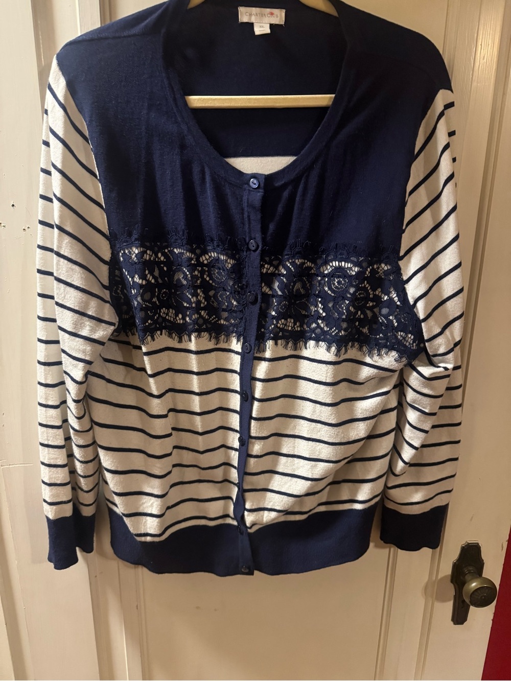 Charter Club Navy and White Striped Lace-Trim Cardigan
